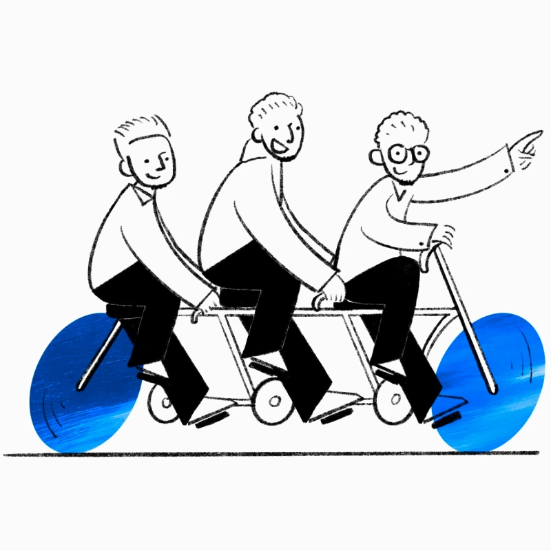 Drei Menschen auf einem gemeinsamen Fahrrad mit blauen Rädern – gemeinsam in eine Richtung.